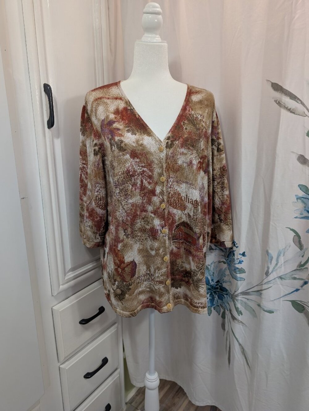 C.J. Banks Fall Autumn Foliage Knit Cardigan Sweater V-Neck Button Front Size 2X